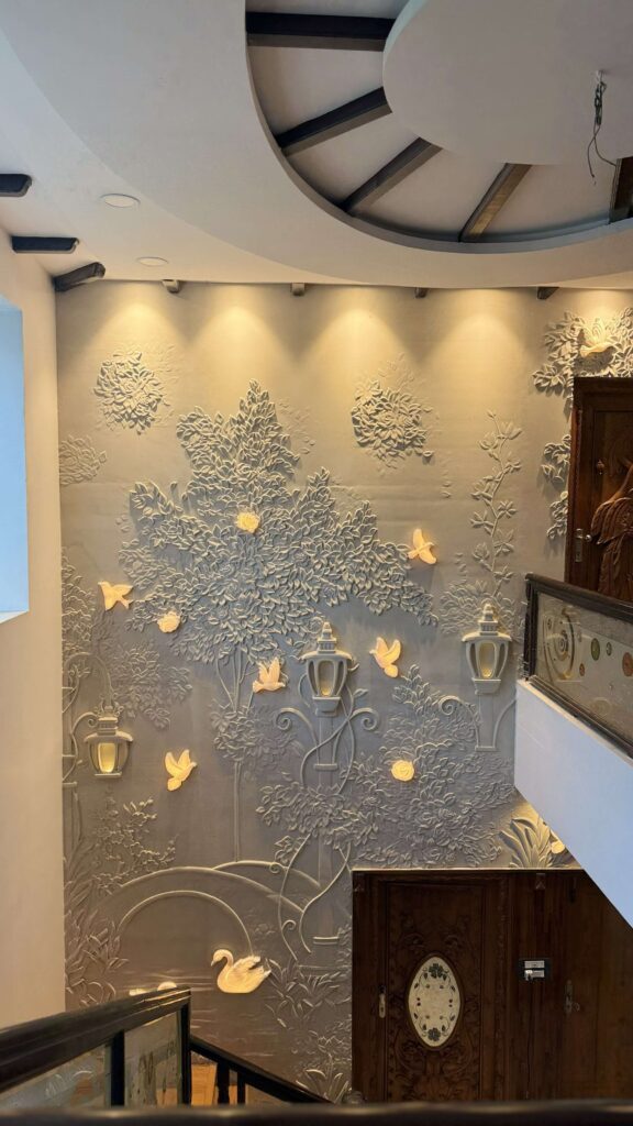 Custom wall feature detail for Bhimavaram residential interior by IWY Designs