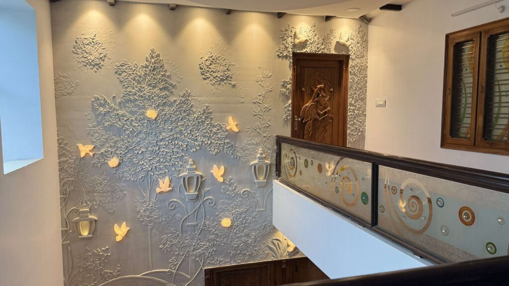 Custom wall feature detail for Bhimavaram residential interior by IWY Designs