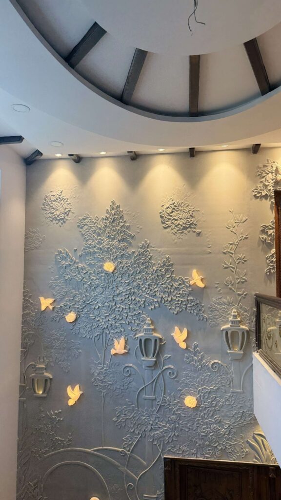 Custom wall feature detail for Bhimavaram residential interior by IWY Designs